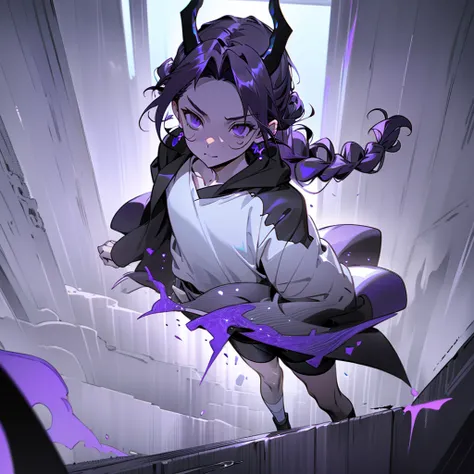 boy, thoughtful look, open forehead, black and purple hair braided into a ponytail on the left side in a bun. small curly black horns wrapped in white ribbon, pale violet eyes, short dark purple shorts. Long white t-shirt. dark purple knee socks. dark purp...