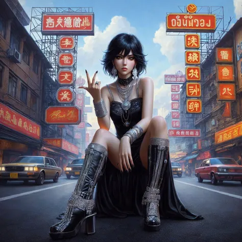 Araaf woman sitting on the city road, Fantasy artwork in a chic city, Cyberpunk art style, cyberpunk anime art, cyberpunk femme fatale, anime cyberpunk art, Artwork in the style of gouache, digital cyberpunk anime art, In cyberpunk city, Trending on cgstat...