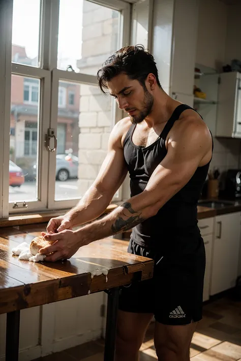 real image of a latin model man with short black hair athletic body, short beard, kneading a dough on a table with flour. window...