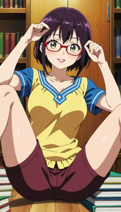 (Una chica anime de 27 años con camiseta morado azulado sin mangas informal de cuello alto parada frente a una estantería de libros:1.3), solo, personaje de anime femenino, visual anime de una mujer joven, Bob Haircut, red painted lips, thick lips, black h...