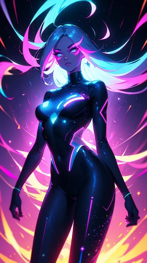 retro hologram girl, perfect body, abstract scenery, glowing body, sparkling, glitter, cyberspace scenery, glittering skin, digital lines, lines on body, skintight, glowing eyes, eyeshadow, eyeliner, eyelashes, blue skin, glowing tattoo, facepaint, shining...