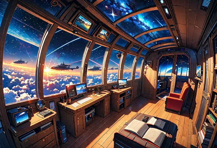 spectacular views of the galaxy from an airship cabin, (ultra-high resolution,8k),fantasy, the world of picture books