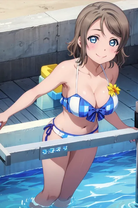 (((pixel-perfect, detail-perfect))), solo, 1girl, you watanabe, eyes azzur, smile, bikini, pool, armpit, big filesize, ultra High Qality