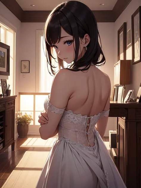 (​masterpiece、top-quality、hight resolution、Unity 8k Wallpaper、extremely details CG:1), A newlywed couple is about to have their wedding night in a private room. The scene is seen from the husbands point of view. The wife, wearing only her competitive under...