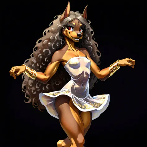 (anthro Dog:1.3), (dark brown fur:1.2), (doberman:1.1), muscular body, small breasts, (white slightly transparent strapless mini dress:1.0), (filigree gold bracelet:0.9), (black eye makeup:0.9), (full body view:1.0), toothy smilie, (dancing:1.5), black lon...