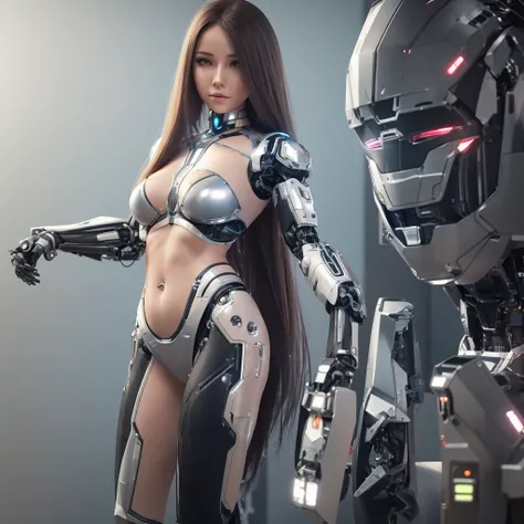 , cyborg Girl, full body picture,thin micro bikini, robot implant arms, robot implant legs, circuit implants in belly,,beautyful face, beautyful body, perfect anatomy, long  haired,sharp picture, high quality, ultrarealistic, 3D, bigital illustration, CGI,