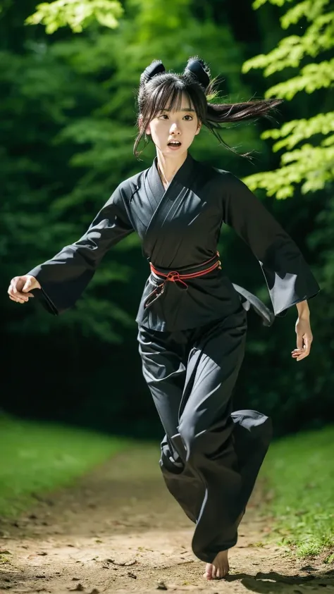 skinny Japanese woman in black Ninja kimono costume running to escape in the dark forest, beautiful face, ((detailed face, detailed eyes)), high quality, high resolution, hyperrealistic photo, a photo capturing a shocking moment, award-winning, masterpiece