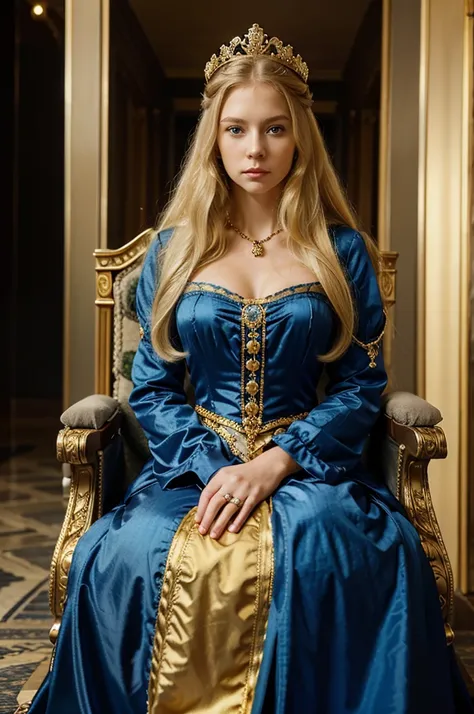 1 woman, long blond hair, blue eyes, jewelry, crown, long dress, victorian era style, it on throne, golden colors