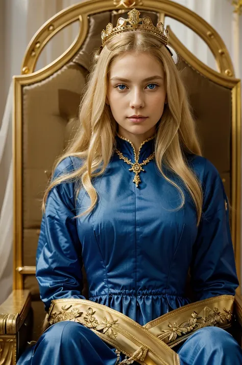 1 woman, long blond hair, blue eyes, jewelry, crown, long dress, victorian era style, it on throne, golden colors