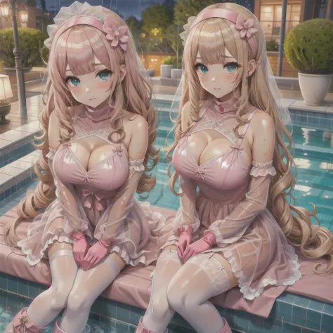 Full-body depiction on screen,　Glaring eyes　showing disgust　Blonde long hair　anime　Romanesque style　 super curly hair　Super long sideburns　A wet and see-through salmon pink turtleneck wedding dress　cuteポージング　Pool at night　Droopy eyes　Ribbon Headband　天蓋付きのc...