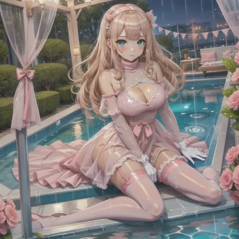 Full-body depiction on screen,　Glaring eyes　showing disgust　Blonde long hair　anime　Romanesque style　 super curly hair　Super long sideburns　A wet and see-through salmon pink turtleneck wedding dress　cuteポージング　Pool at night　Droopy eyes　Ribbon Headband　天蓋付きのc...