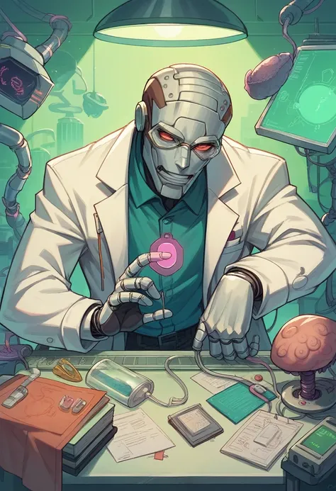 naughty man,morephi,cientist,wearing a labcoat,hand,robot,brain,connected,chip,featuring,Artificial intelligence,phi,laboratory,tecphilógico