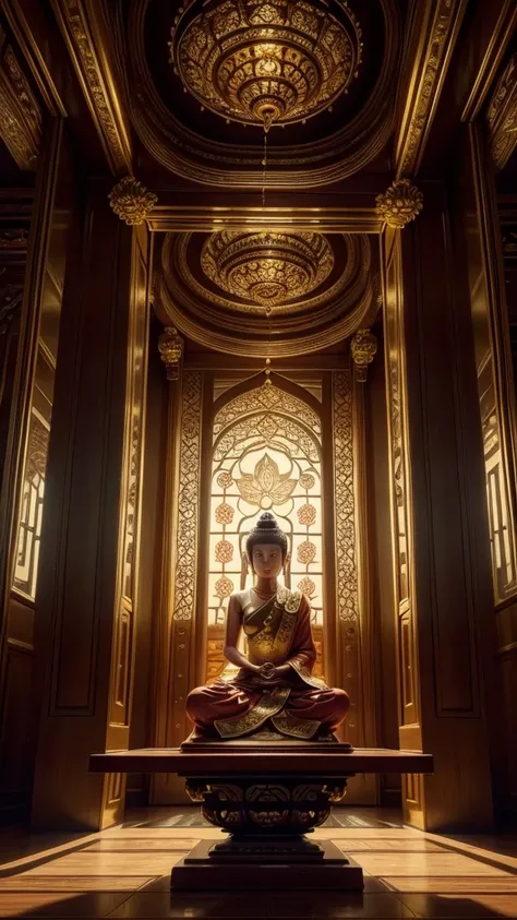 1 woman meditating in a buddhist temple,peaceful expression,lotus position,serene,calm atmosphere,detailed ornate temple interior,intricate architecture,warm lighting,ornate statues,detailed robes,high quality,vibrant colors,cinematic lighting,photorealist...