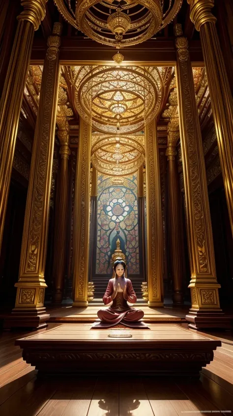 1 woman meditating in a buddhist temple,peaceful expression,lotus position,serene,calm atmosphere,detailed ornate temple interior,intricate architecture,warm lighting,ornate statues,detailed robes,high quality,vibrant colors,cinematic lighting,photorealist...