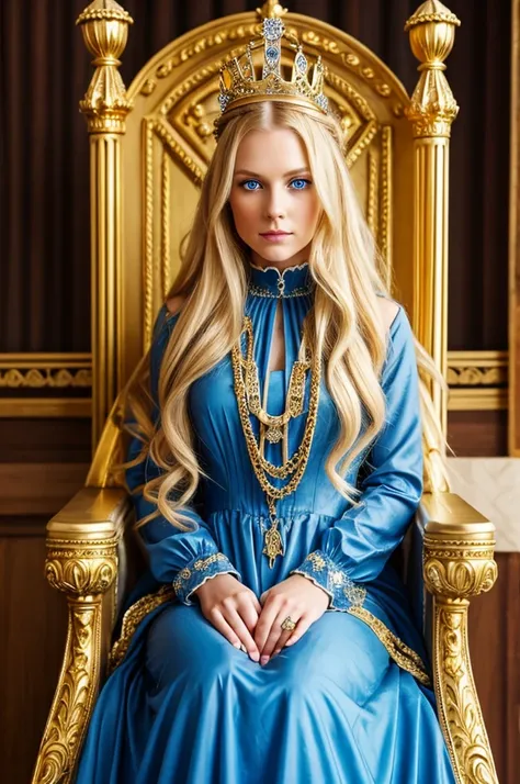 1 woman, long blond hair, blue eyes, jewelry, crown, long dress, victorian era style, it on throne, golden colors