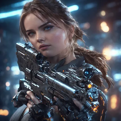 girl with gun a futuristic sci-fi handgun, detailed face, beautiful eyes, detailed portrait, cinematic lighting, dynamic pose, dramatic atmosphere, highly detailed, 8K, hyperrealistic, intricate details, photorealistic, digital art, concept art