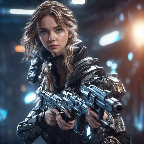 girl with gun a futuristic sci-fi handgun, detailed face, beautiful eyes, detailed portrait, cinematic lighting, dynamic pose, dramatic atmosphere, highly detailed, 8K, hyperrealistic, intricate details, photorealistic, digital art, concept art