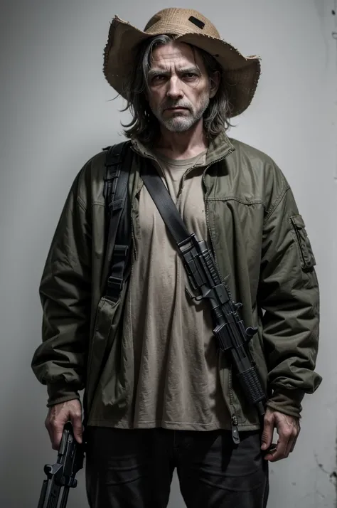 a poor homeless man, full body portrait, standing, holding a banelli m4 shotgun, white background, realistic, cinematic lighting, award winning photograph, 8k, photorealistic, high definition, intricate details, chiaroscuro, dramatic pose, powerful express...