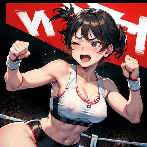 Very intense battle。Murderous intent。Boxing in the ring。Dynamic punch exchange。Two young and cute Japanese female heavyweight idol boxers in a daze。Rivals。Serious competition。can not lose。Sweating a lot。One eye closed, out of breath。Drooling。Short black ha...