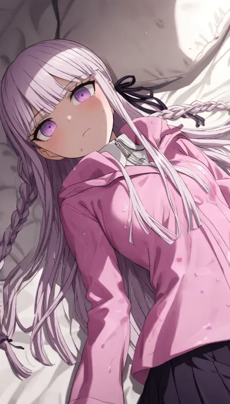 a beautiful girl with long light purple hair wearing a shiny pink raincoat, laying on a bed with white sheets and pillows, looki...