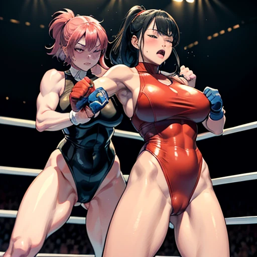 belly is exposed。Two injured Japanese female heavyweight boxers fighting vigorously in the ring。Very intense battle。Dynamic punch exchange。Murderous intent。Sweating a lot。One eye closed, out of breath。Drooling。Boxing gloves。High leg leotard。Erect nippleusc...