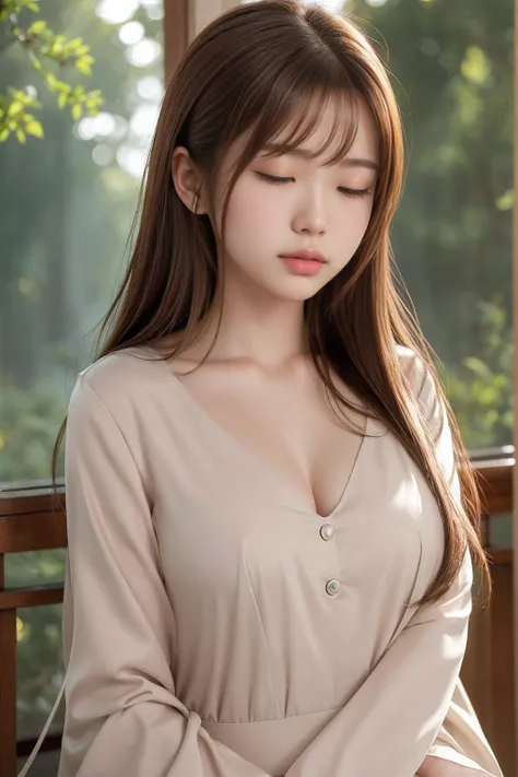 Top quality, high resolution, masterpiece, realistic, real photo. Cute Japanese beauty, brown hair, fine silky hair, soft lips, eyes closed, meditating, sincerely grateful, making a heart on her chest, her upper body portrait photo, sacred, beautiful and c...