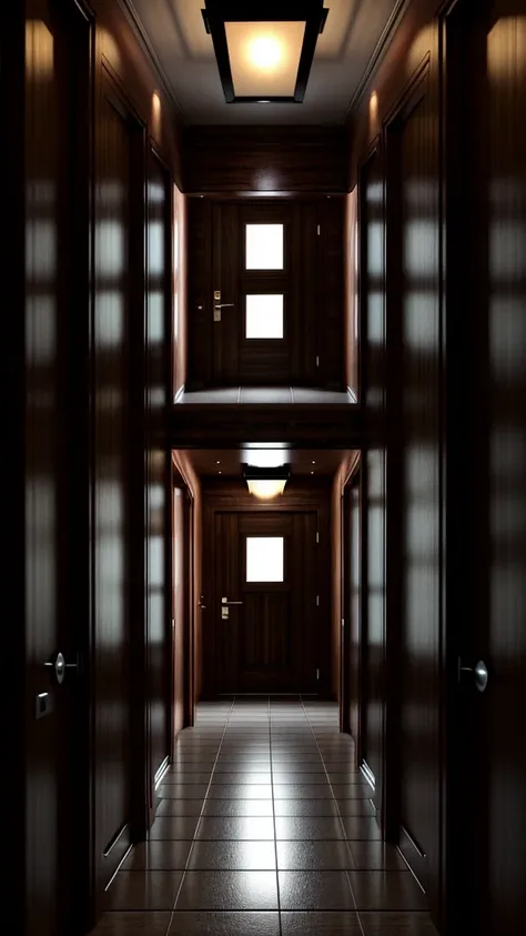 A large hallway with doors, hotel pattern, almost pitch black, 3d render, 4K