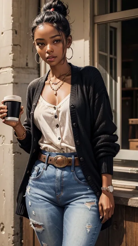 black skin woman, short eyes, button nose, , black cardigan, western belt, jeans, cup B, thick lips, , 34 ages, put her hair up in a bun, pearl neckless, hollow cheeks, wide set eyes, small hip