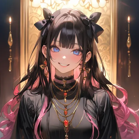 1girl, pink, black, ((eyes blue )), (( long hair )), (( black hair )), gotich style, pastel gotich, masterpiece, wallpaper, ultra detailed, better quality, gradient backdrop, hair bows goth girl, smiling 