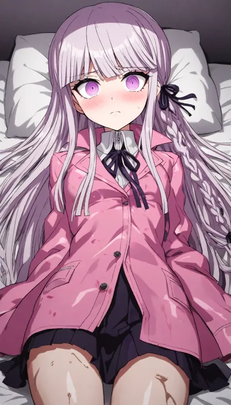 a beautiful girl with long light purple hair wearing a shiny pink raincoat, laying on a bed with white sheets and pillows, looking up at the viewer with an embarrassed and shy expression, her clothes are dripping and splattered with mud, detailed eyes, bla...