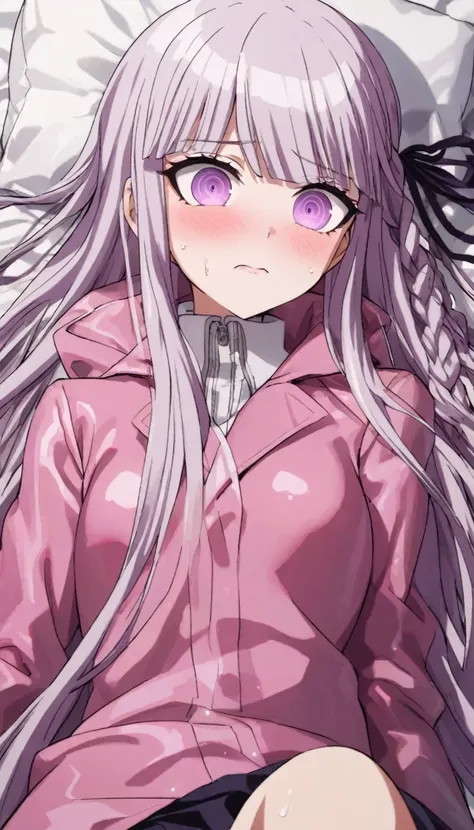 a beautiful girl with long light purple hair wearing a shiny pink raincoat, laying on a bed with white sheets and pillows, looking up at the viewer with an embarrassed and shy expression, her clothes are dripping and splattered with mud, detailed eyes, bla...