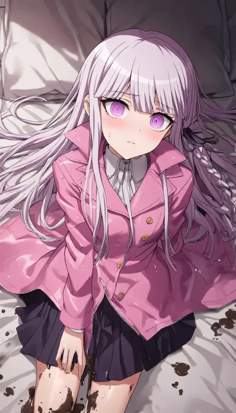 a beautiful girl with long light purple hair wearing a shiny pink raincoat, laying on a bed with white sheets and pillows, looki...