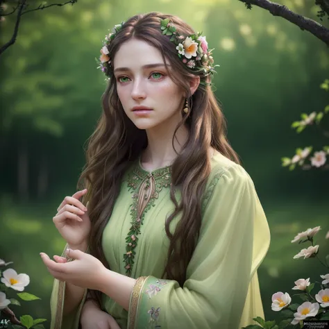  beautiful girl, long brown hair, green eyes, detailed portrait, flowers in hair, nature background, fantasy, cinematic lighting, warm colors, dreamlike, ethereal, (best quality,4k,8k,highres,masterpiece:1.2),ultra-detailed,(realistic,photorealistic,photo-...