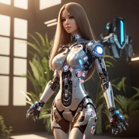 , cyborg Girl, full body picture,thin micro bikini, robot implant arms, robot implant legs, circuit implants in belly,,beautyful face, beautyful body, perfect anatomy, long  haired,sharp picture, high quality, ultrarealistic, 3D, bigital illustration, CGI,