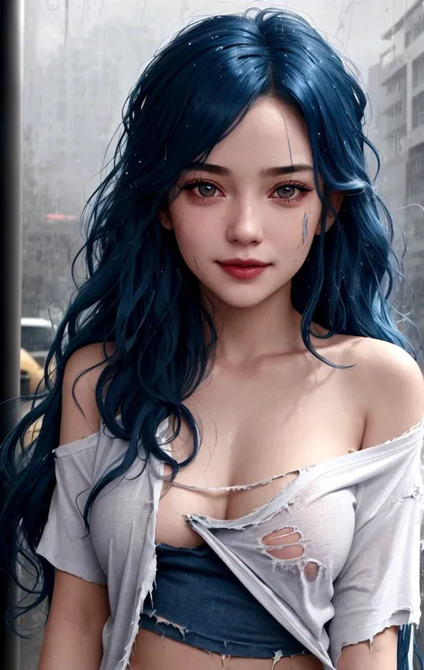 1girl, happy face, in the rain, long wavy hair, blue hair, rouge skin, close up shot, thirty degrees left view, matches stick in the lips, bare shoulder, ((rip clothes 1.8)) t-shirt ((torn t-shirt 1.6)), wet, (super accurate 1.2)(super detailed 1.5)(perfec...