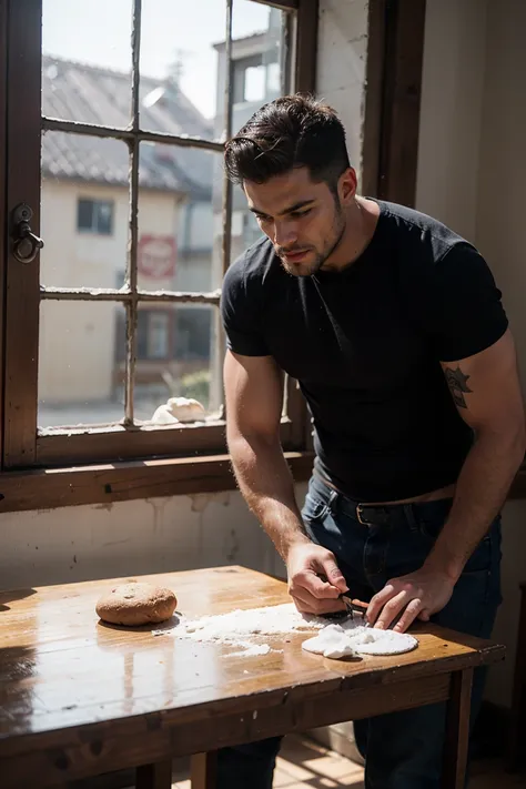 real image of a latin model man with short black hair athletic body, short beard, no shirt, jean pants, kneading a dough on a ta...