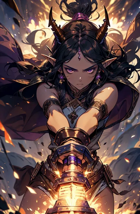 brown skin, older woman, sexy, tall, brown skin, one wing, black hair, elf, elf ears, horns, sleeveless, warrior, sword, purple, dramatic composition