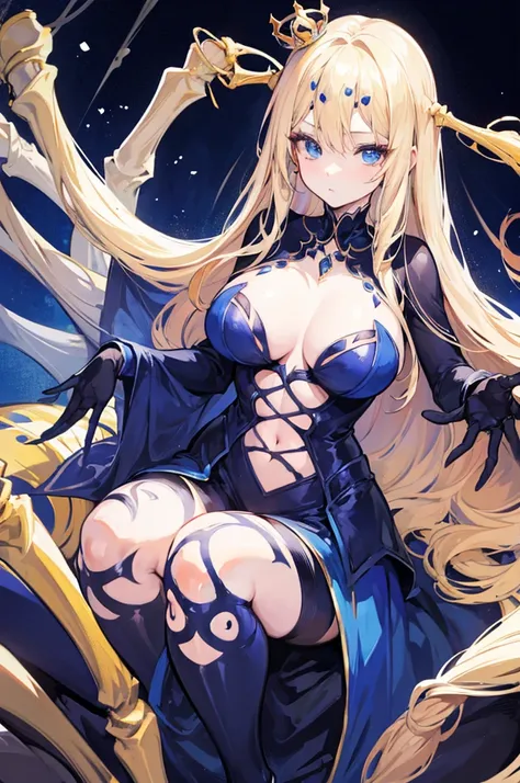 1 woman, long blond hair, blue eyes, jewelry, crown, monster girl, arachne, spider girl,