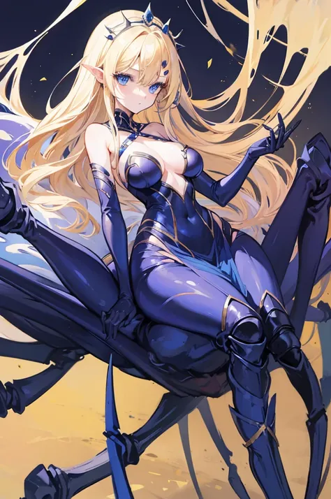 1 woman, long blond hair, blue eyes, jewelry, crown, monster girl, arachne, spider girl,