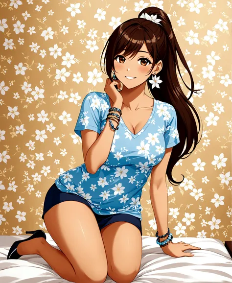 A beautiful woman, in her 20s, in her bedroom, leaning against the wall, smiling, sympathetic, blushing, looking up at the viewer, /(tanned brunette skin, extremely long straight dark brown hair combed in a ponytail, brown eyes,), /(light blue fitted casua...