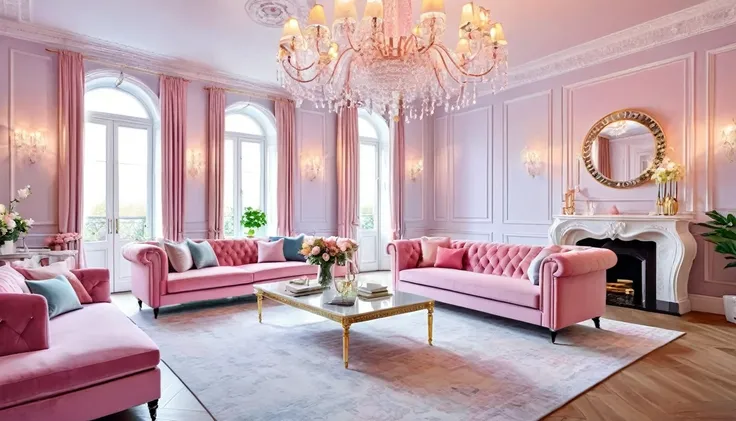 interior, living room in a luxury Victorian architectural style, clean modern design featuring pastel color scheme, beautiful light. Ultra realistic photo, vibrant colors, 8k