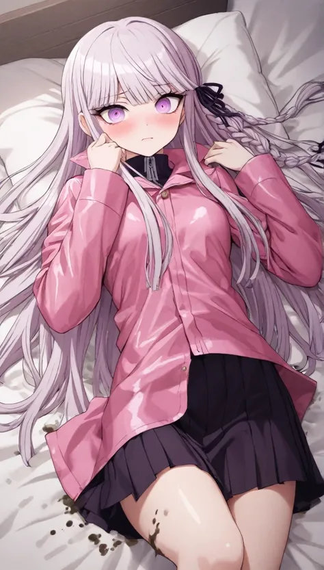 a beautiful girl with long light purple hair wearing a shiny pink raincoat, laying on a bed with white sheets and pillows, looki...