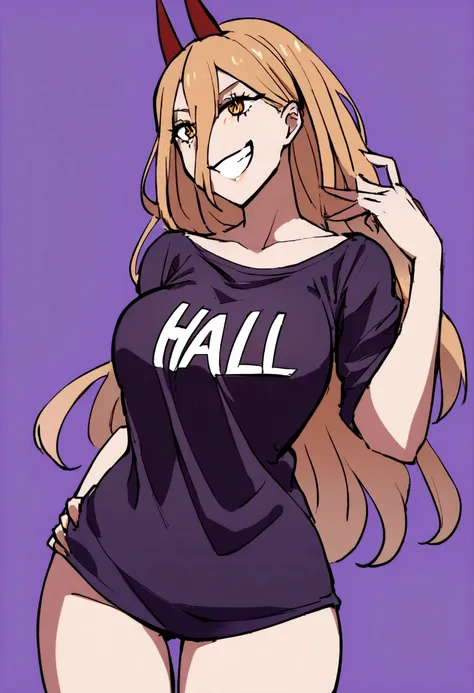 
1 girl,glad, Grinning, wearing a shirt ,big purple ,that borders the thigh , text is written on the shirt: Harl, with a bold look.