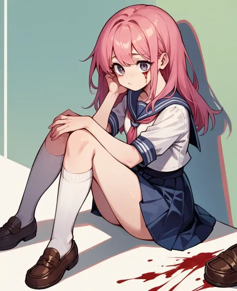 (zombie),,kneehighs,loafers,sailor,sitting,skirt,cute,pink hair,(blood)