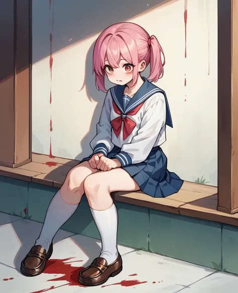 (zombie),,kneehighs,loafers,sailor,sitting,skirt,cute,pink hair,(blood)