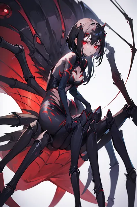 1 woman, short black hair, red eyes, monster girl, arachne, spider girl, white shirt,