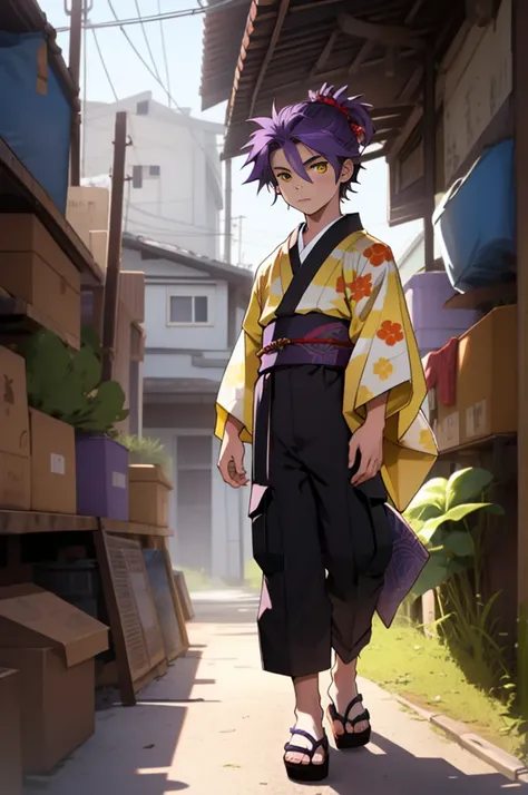  boy, adolescent, purple hair, yellow  eyes, using a kimono for children, black cargo pants