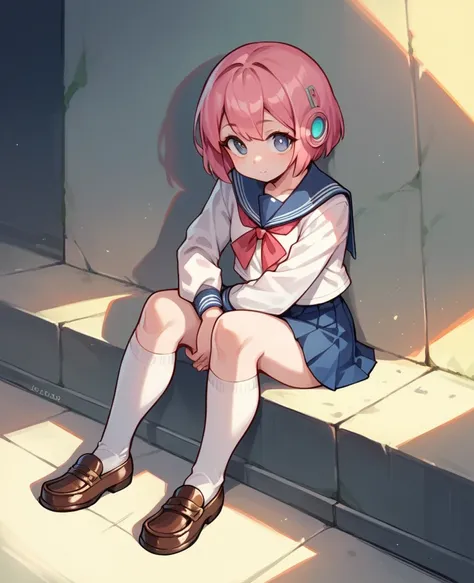 (robot girl),,kneehighs,loafers,sailor,sitting,skirt,cute,pink hair