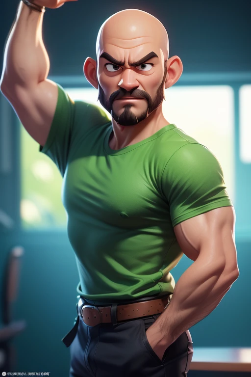 Cartoon character of an unshaven bald man in a green t-shirt animation character, stylized character, animation style rendering, 3D stylized, Render 3D stylized, Toon render keyshot, 3D character, 3D character, Stylized 3D rendering, 3d character rendering...