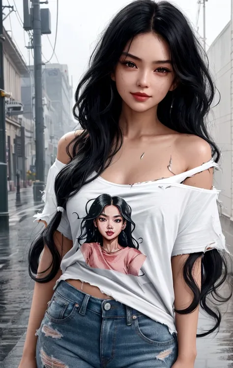 1girl, (perfect anatomy 1.6)(precision 1.5)(masterpiece)happy face, in the rain, long wavy hair, silver-black hair, rouge skin, close up shot, thirty degrees left view, lean to the left, matches stick in the lips, bare shoulder, ((rip clothes 1.8)) t-shirt...